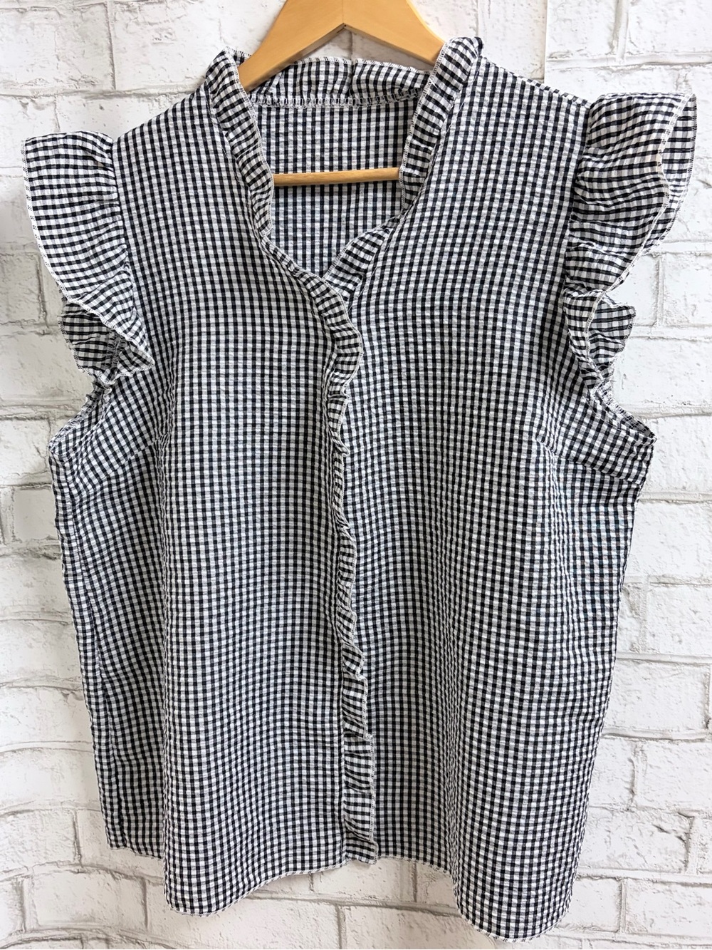 Black & White Sleeveless Gingham Blouse with Ruffle Trim NEW